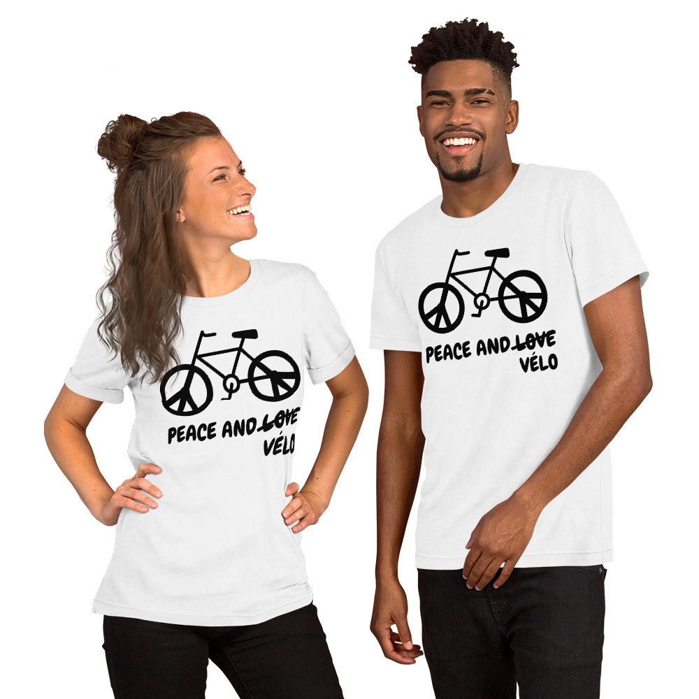 T-shirt unisexe Peace and Vélo (Lettrage foncé)